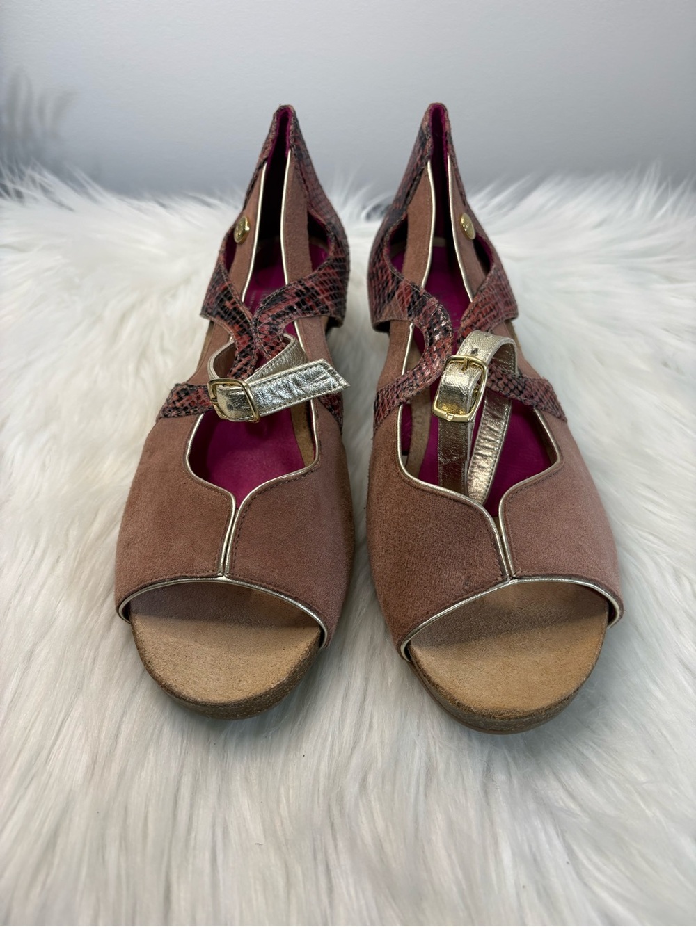 (90)Suede Open-Toe Heels with Gold Accent in Blush with snake print.